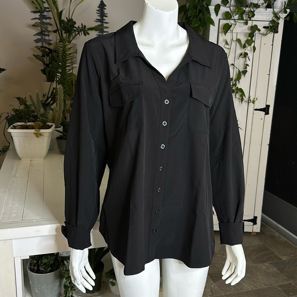 Calvin Klein jeans ladies black  XL button up long sleeve blouse NWT